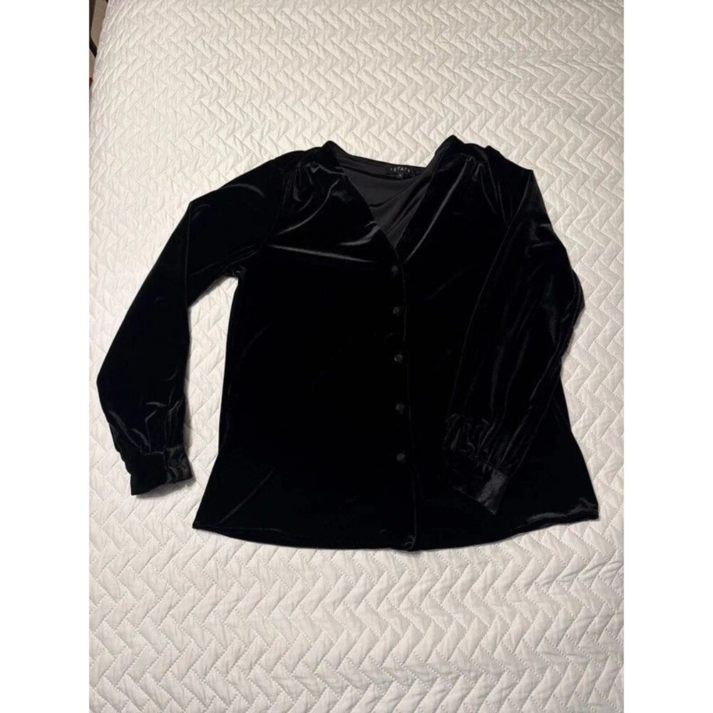 1 State Black Velvet Long Sleeve Button Down top